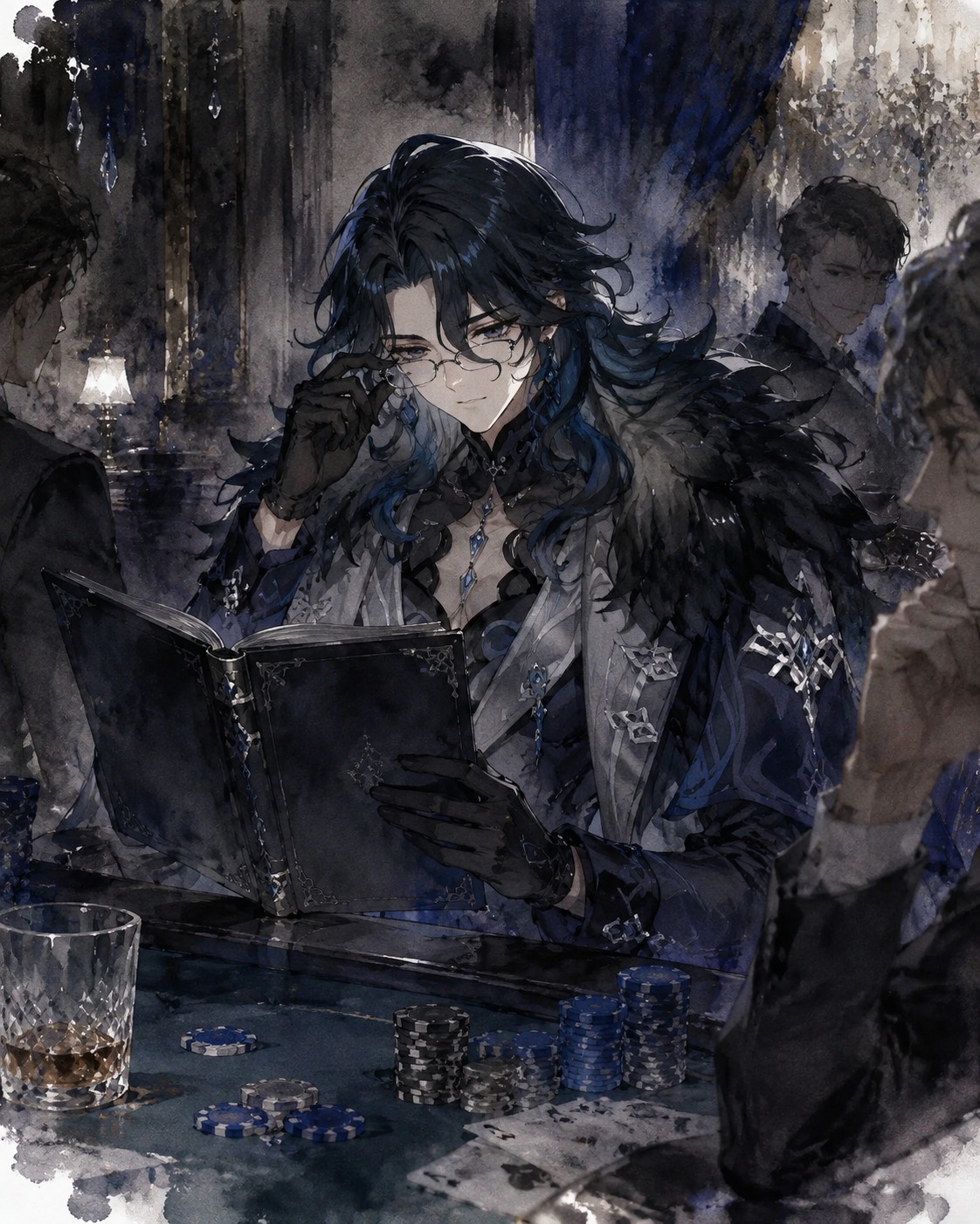 Adjusting his glasses while examining a ledger At a high-stakes gambling table in a dark parlor (delicate watercolor, ink wash and soft edges)