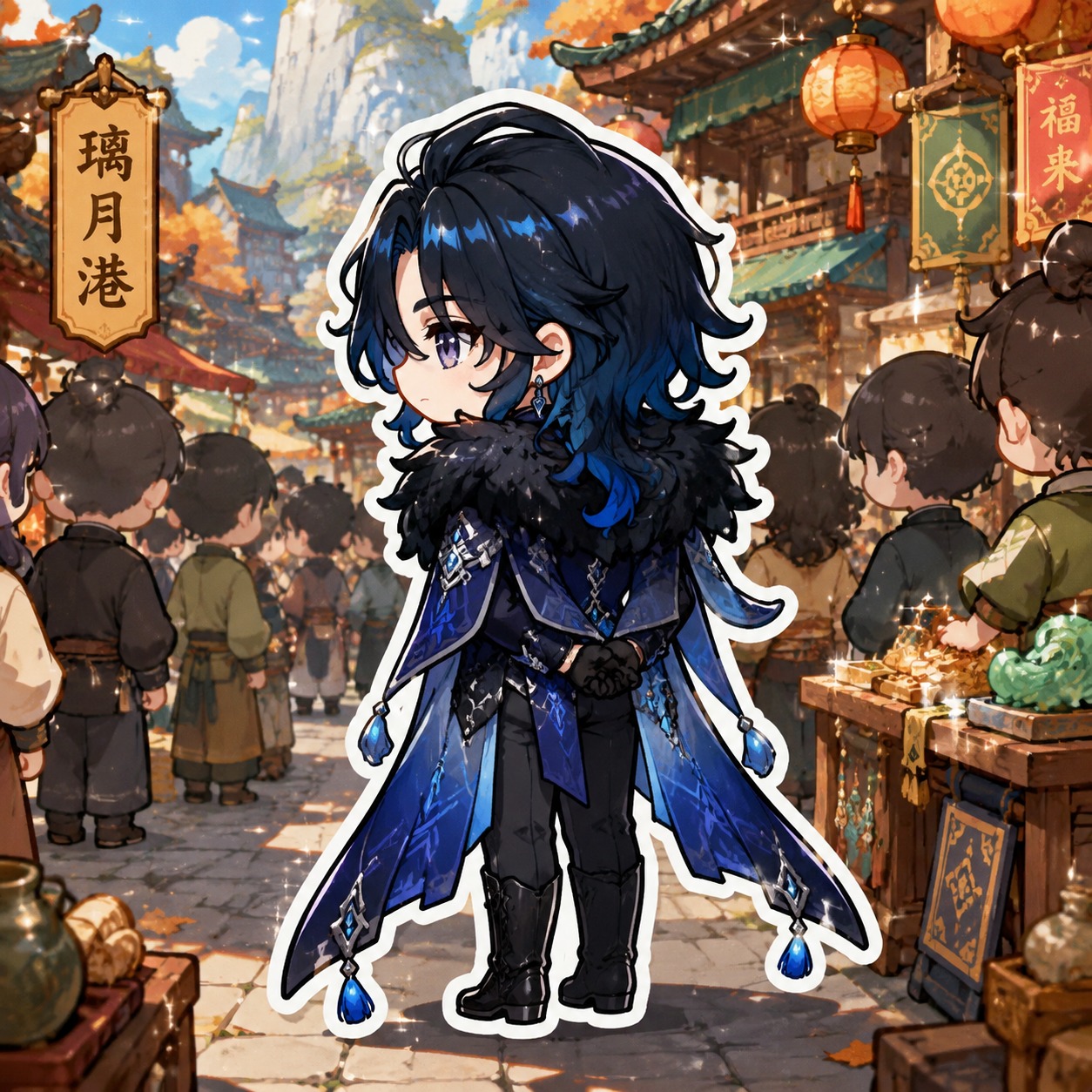 Clasping his hands behind his velvet-clad back At a crowded street market in Liyue Harbor (chibi sticker art, thick outlines and glitter)