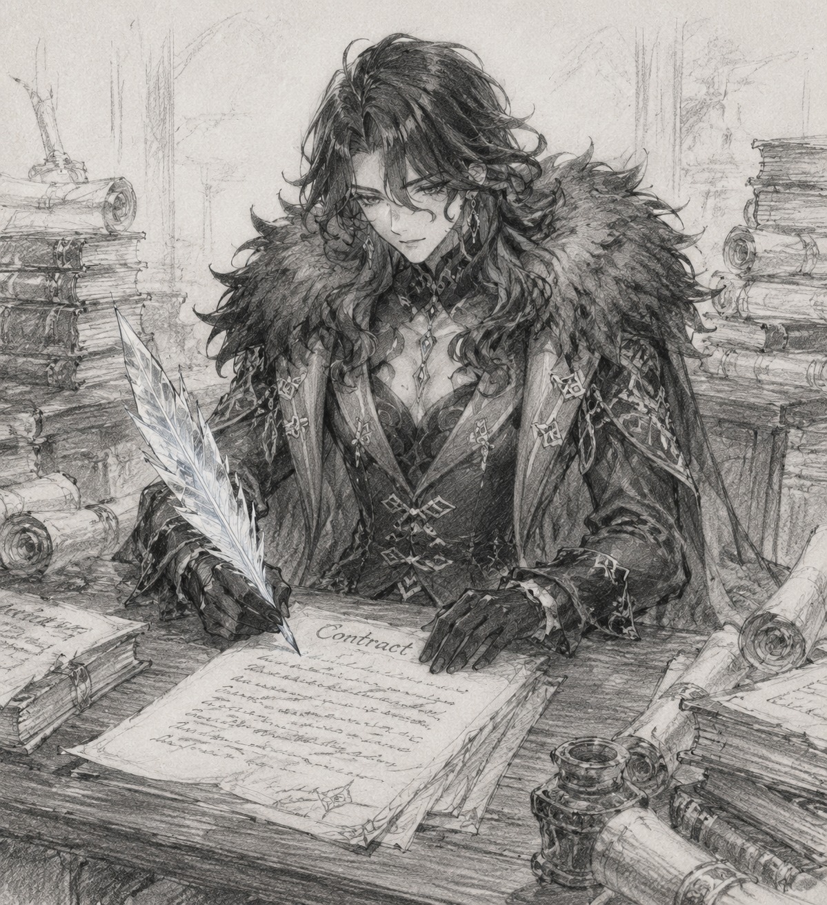 Drafting a contract with a quill of ice At a wooden desk piled high with ancient scrolls (sketchy graphite pencil drawing, textured paper)