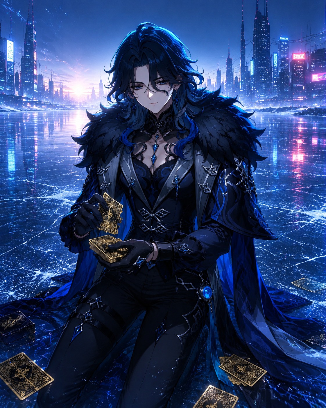 Shuffling a deck of gold-leafed playing cards On a frozen lake during a pale blue sunrise (cyberpunk digital art, neon blue rim lighting)