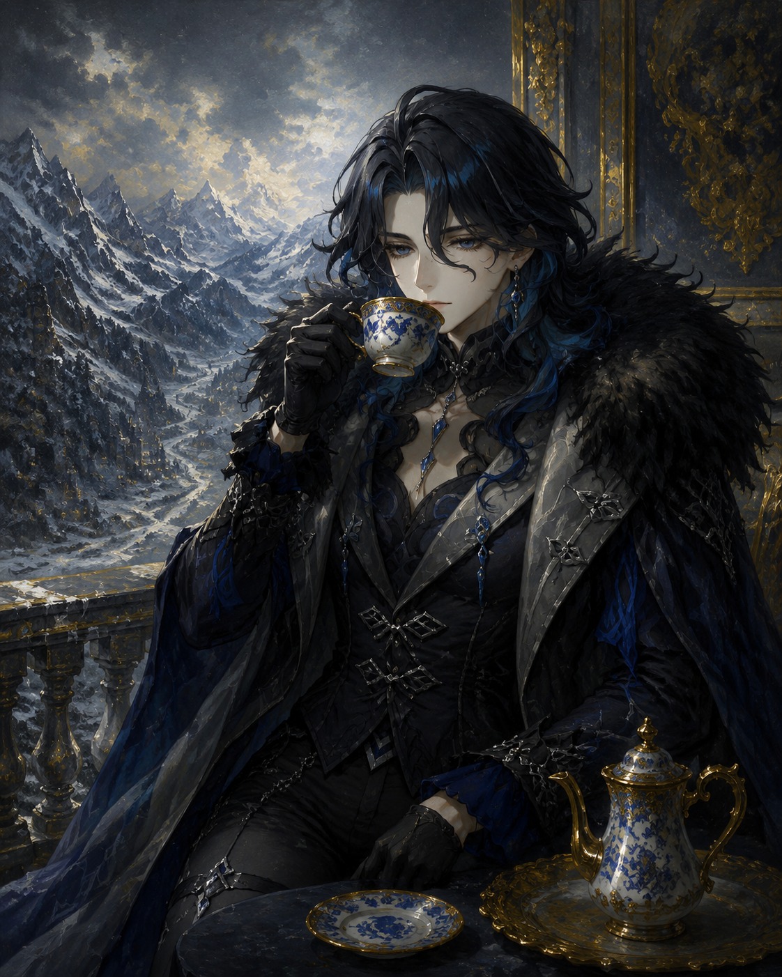 Sipping bitter black coffee from a porcelain cup On a balcony overlooking a snowy mountain pass (baroque oil painting, rich gold accents)