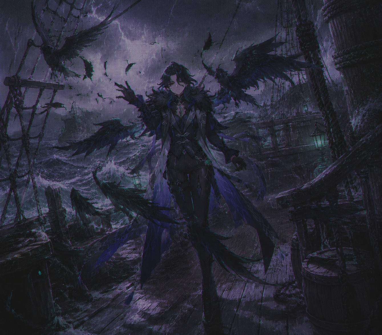 Summoning a flurry of obsidian wings On the deck of a storm-tossed merchant ship (lo-fi aesthetic, muted purple and teal tones)