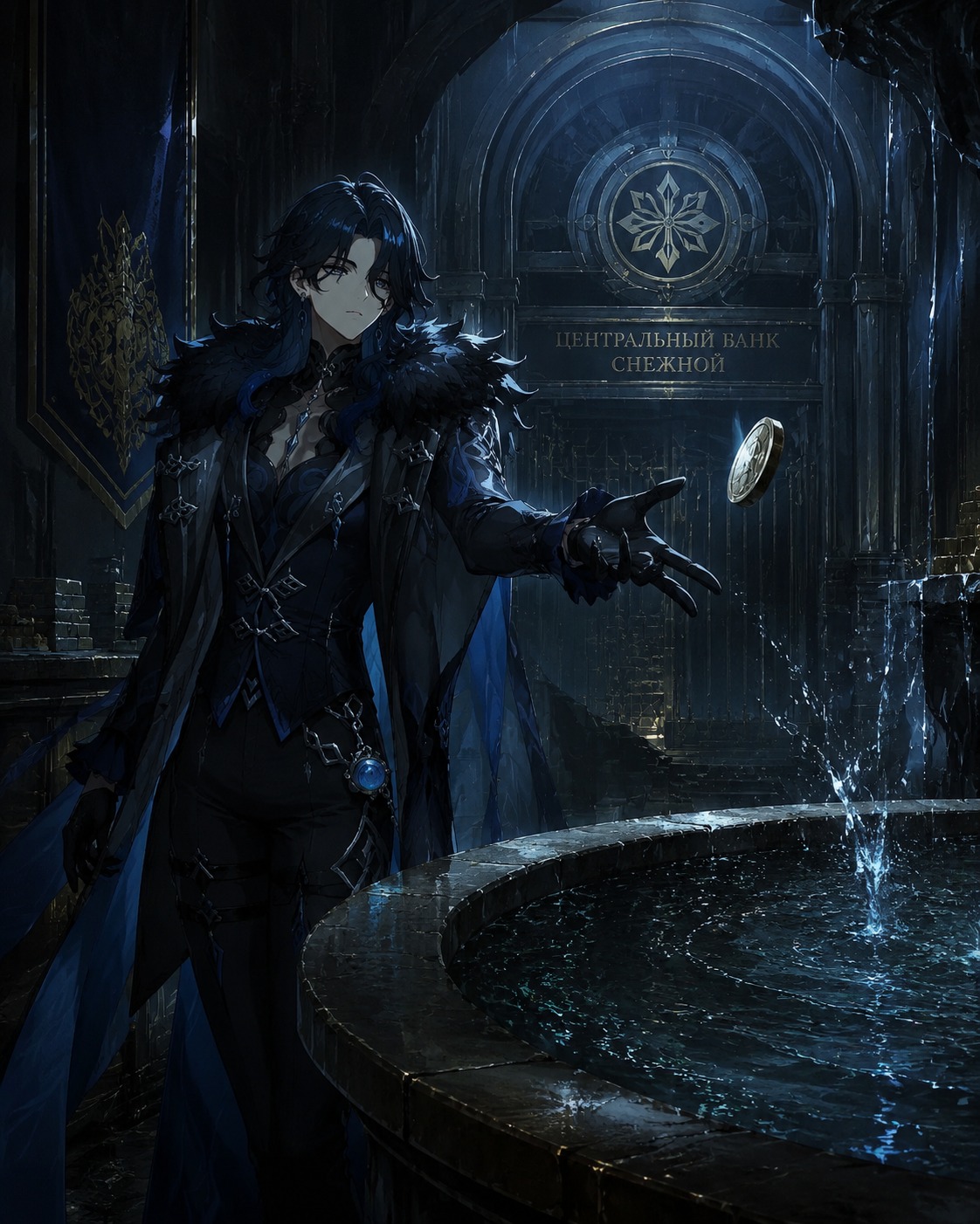 Tossing a heavy coin into a fountain In a dimly lit Snezhnayan bank vault (cinematic noir, sharp shadows and rain streaks)