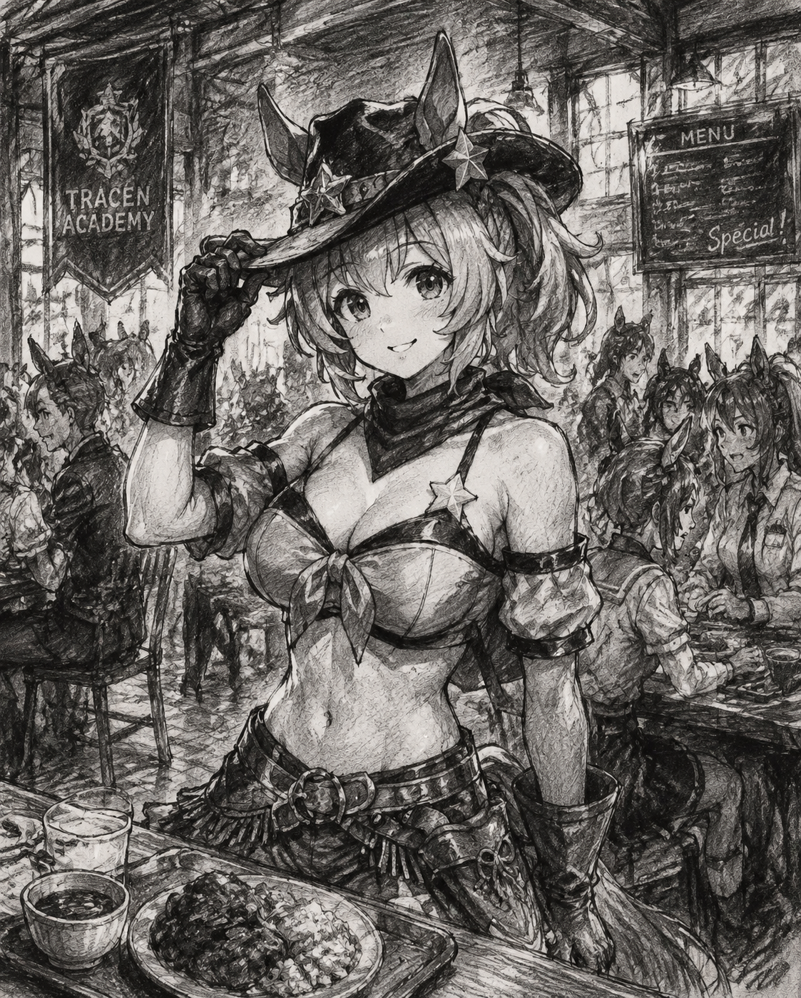 Adjusting the brim of her cowboy hat At the bustling Tracen Academy cafeteria (gritty charcoal sketch, high contrast and rough textures)