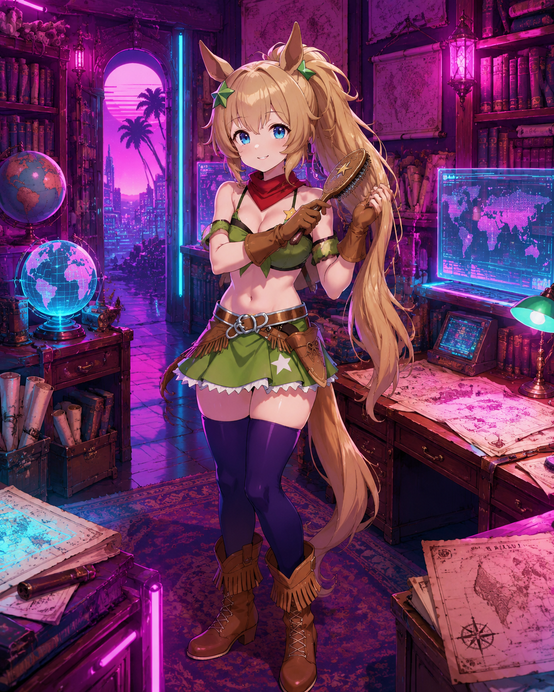 Brushing her long blonde hair In a quiet library filled with antique maps (futuristic vaporwave, neon pink and turquoise hues)
