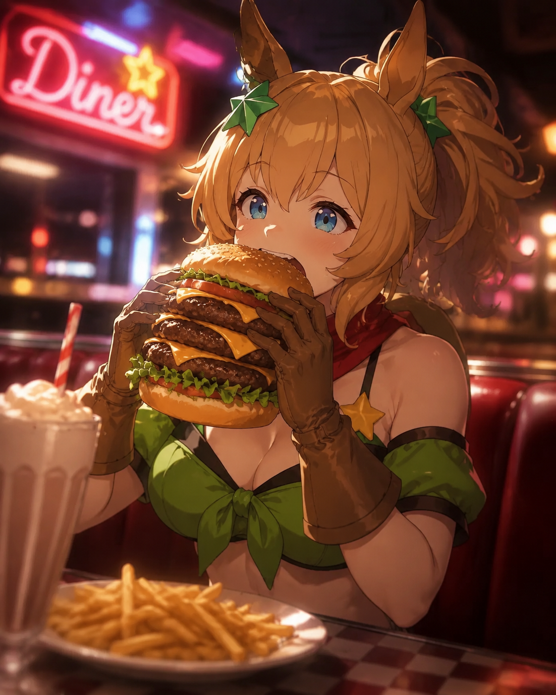 Devouring a massive triple-patty burger In a neon-lit American diner at midnight (soft focus photography style, warm bokeh background)