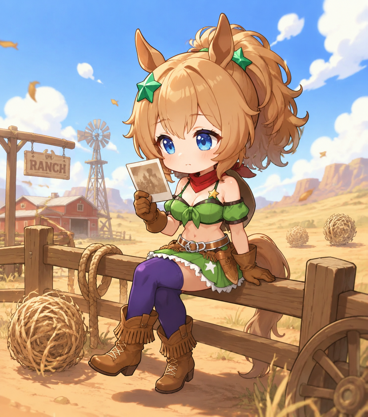 Gazing wistfully at a faded polaroid On a sun-drenched ranch with rolling tumbleweeds (chunky chibi style, bright pastel colors)