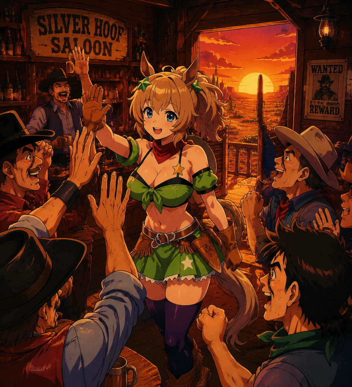 High-fiving a group of cheering fans In a dusty saloon during a desert sunset (90s retro anime, cel-shaded with vibrant saturation)