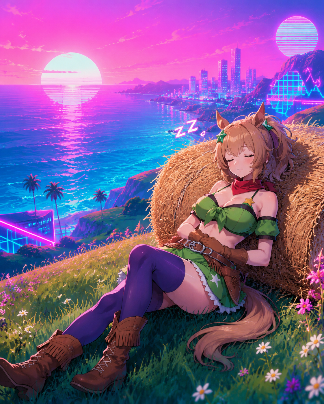 Napping peacefully against a bale of dry hay On a lush green hilltop overlooking the ocean (futuristic vaporwave, neon pink and turquoise hues)