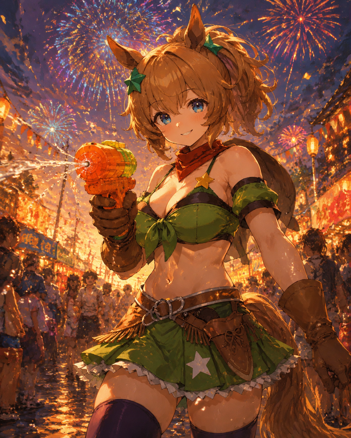 Quick-drawing a bright orange water pistol At a vibrant festival with fireworks exploding overhead (cinematic oil painting, dramatic golden hour lighting)