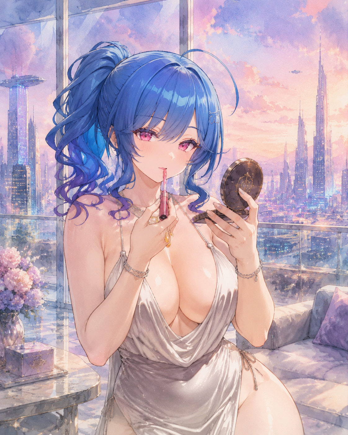 Applying glossy lipstick in a compact mirror In a luxury penthouse overlooking a futuristic city (soft watercolor, pastel dreamscape)