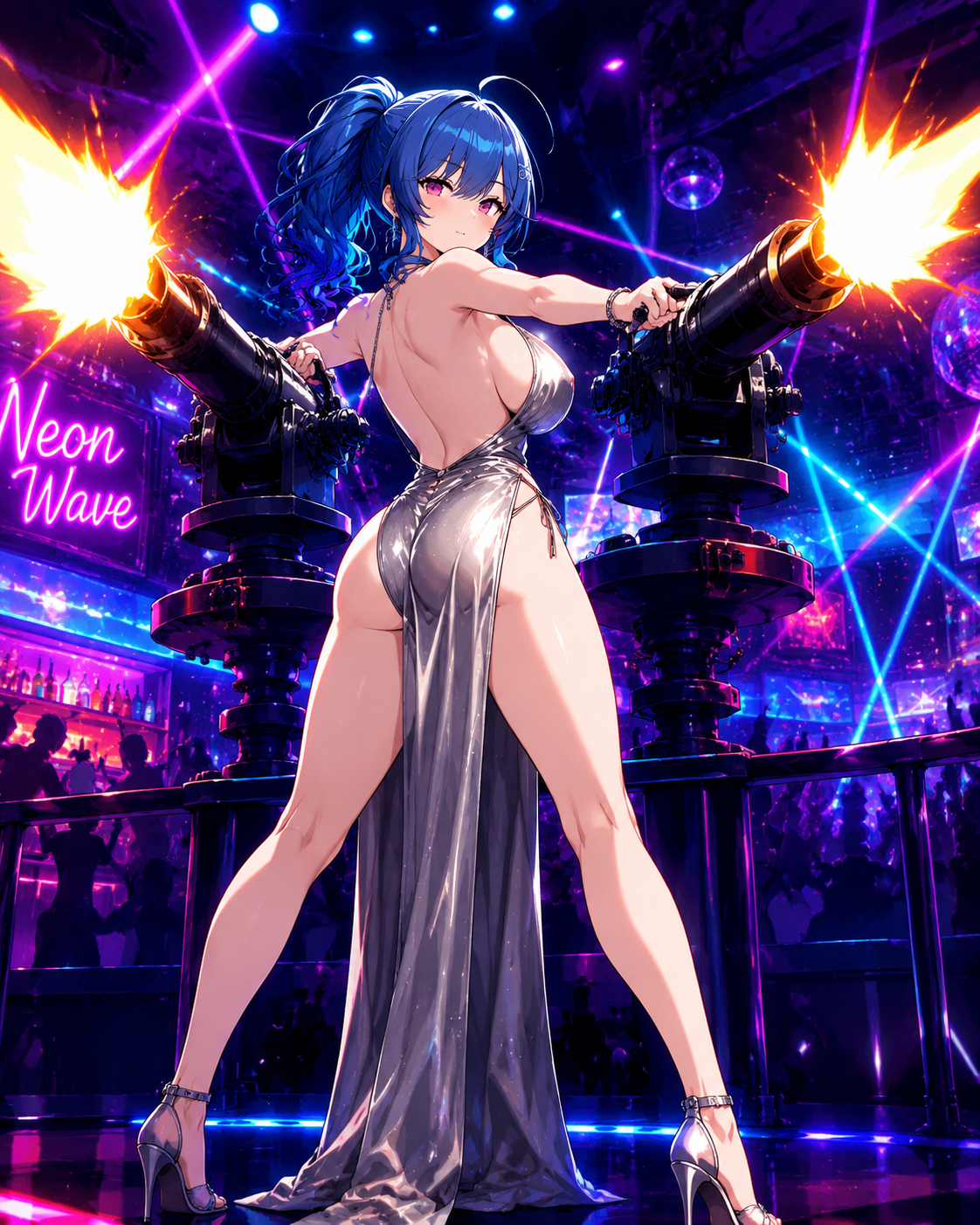 Firing twin naval cannons into the horizon In a neon-drenched nightclub with pulsing lights (vibrant anime cel-shading, high contrast)