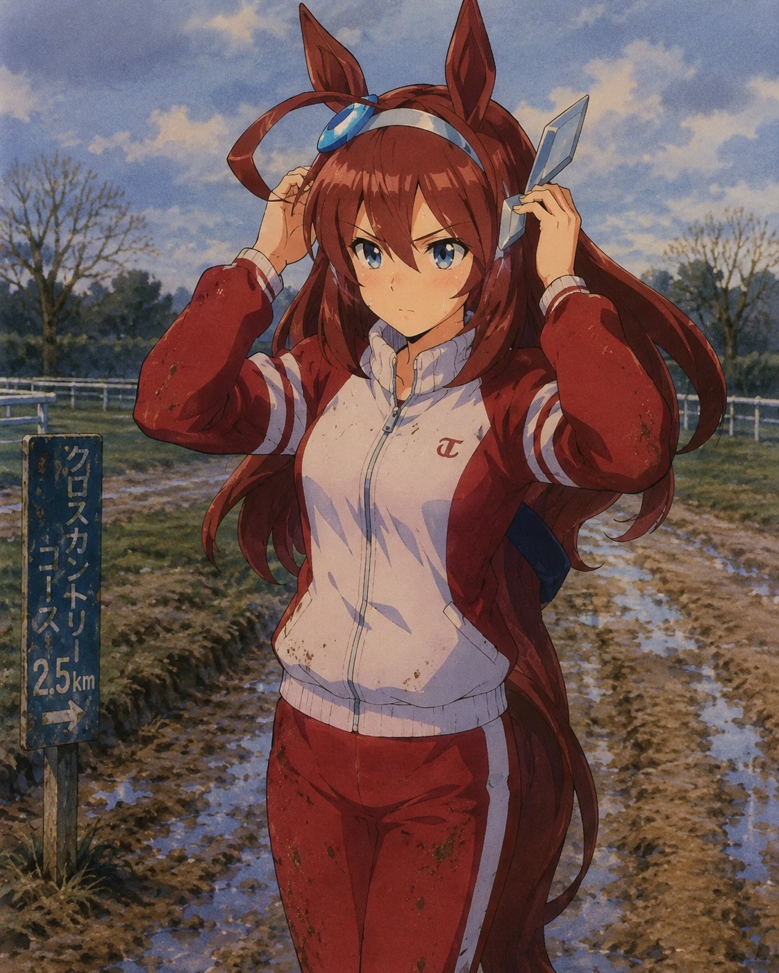 Adjusting her aerodynamic ear covers On a muddy cross-country training track (retro 90s anime, hand-painted cel aesthetics)