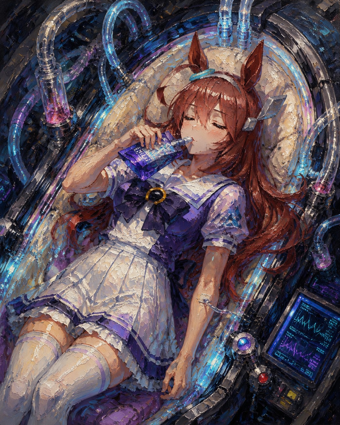 Consuming a single energy jelly pouch efficiently In a high-tech recovery pod with glowing tubes (dramatic oil painting, heavy impasto brushstrokes)