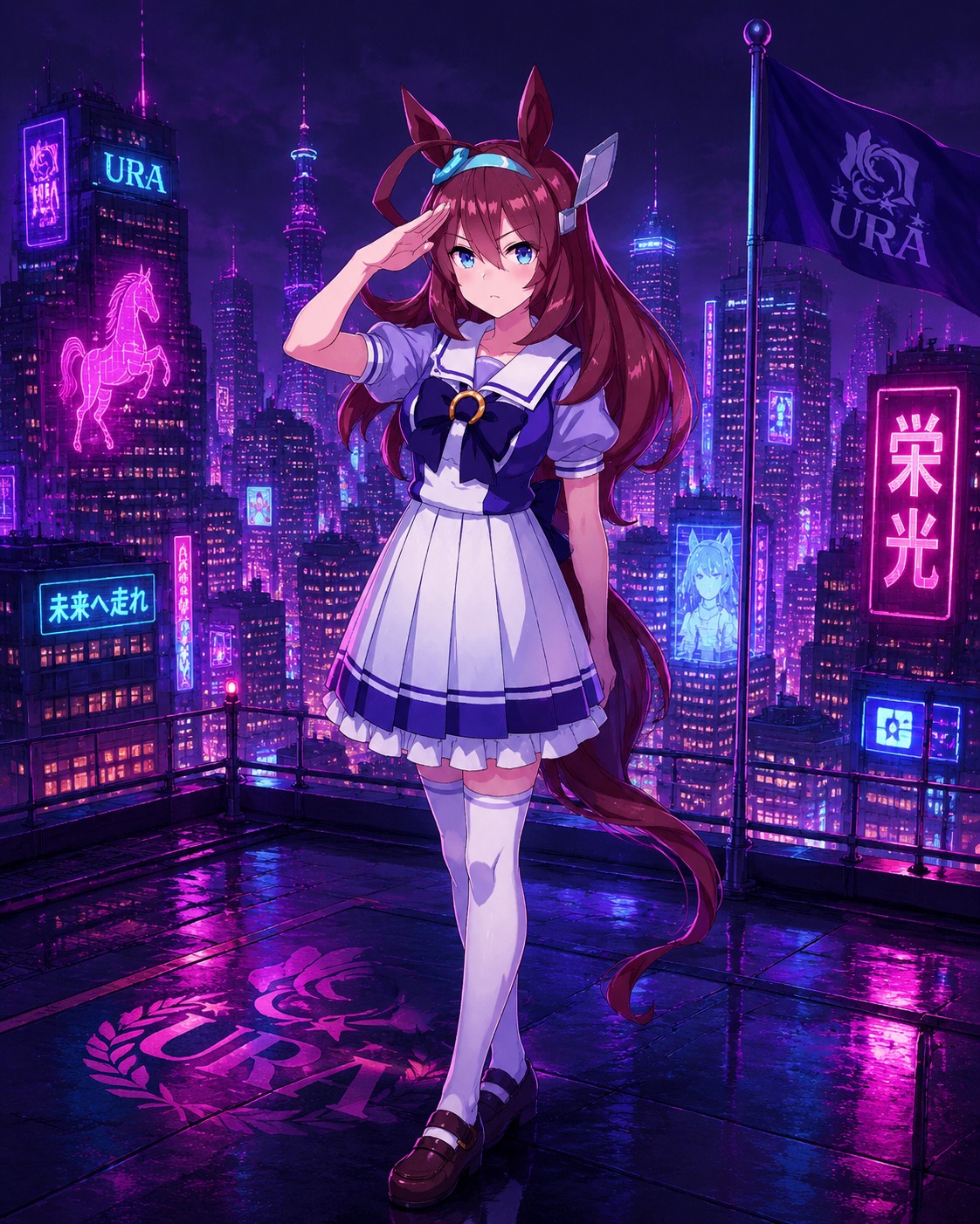 Maintaining a perfectly disciplined military salute On a rooftop overlooking a cyberpunk cityscape (futuristic neon synthwave, vibrant glowing colors)