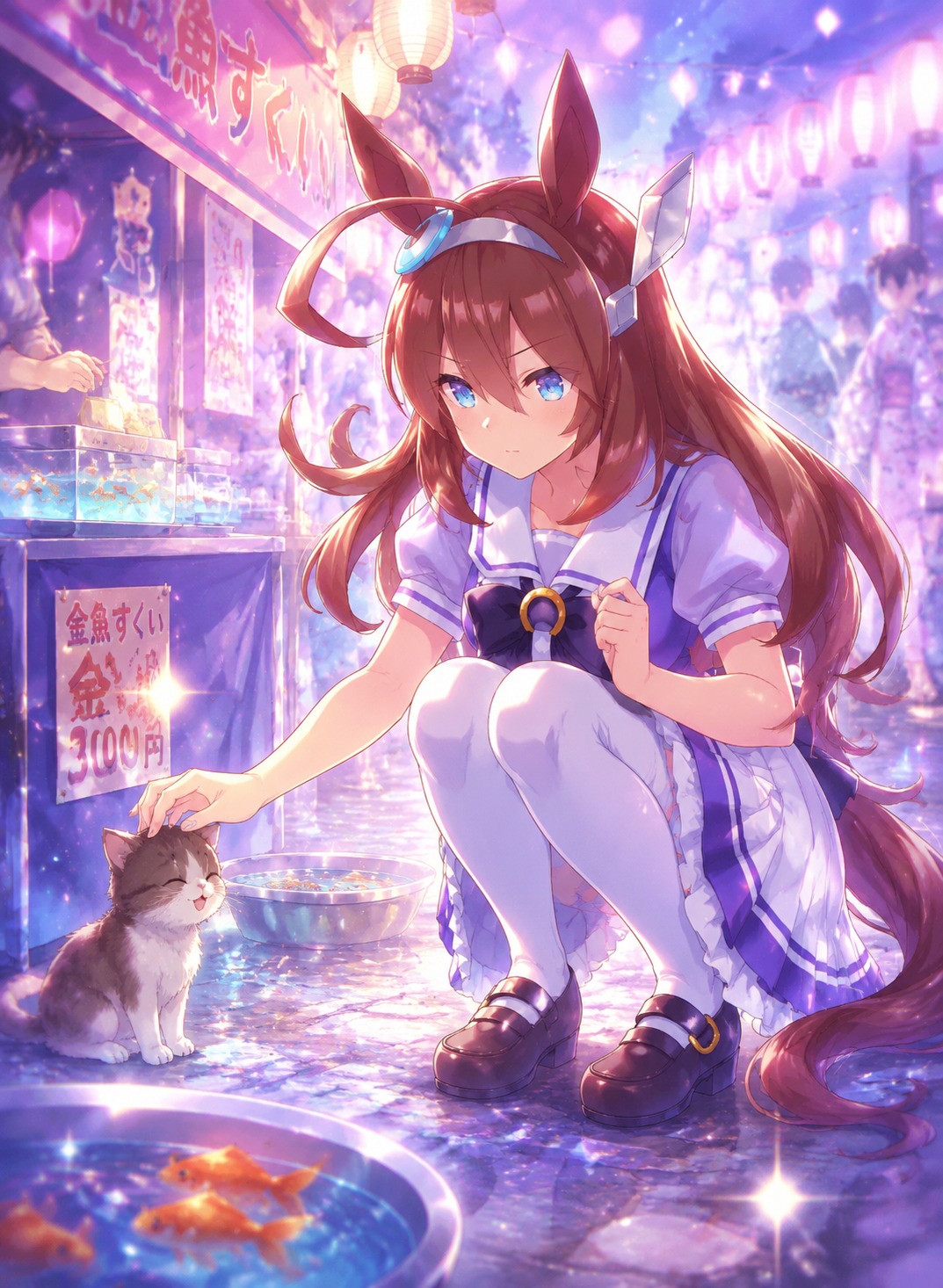Petting a small kitten with extreme caution At a bustling summer festival goldfish stall (ethereal dreamscape, shimmering pastel sparkles)