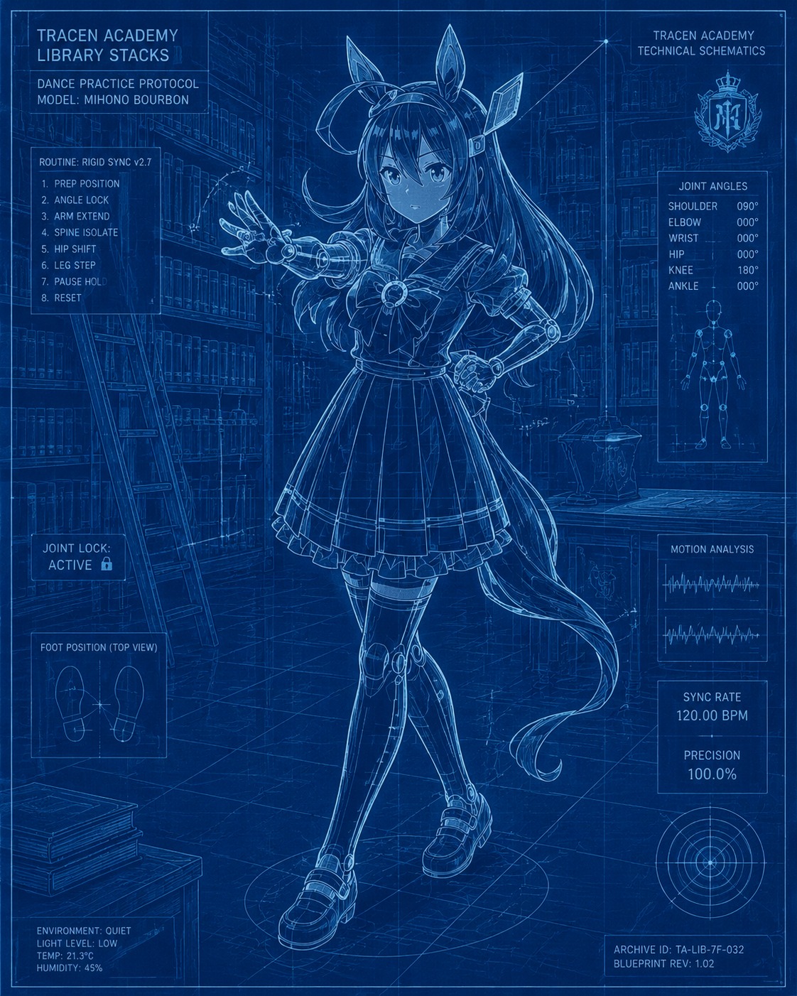 Practicing a rigid robotic dance routine In the quiet Tracen Academy library stacks (high-tech blueprint aesthetic, cyanotype schematic lines)