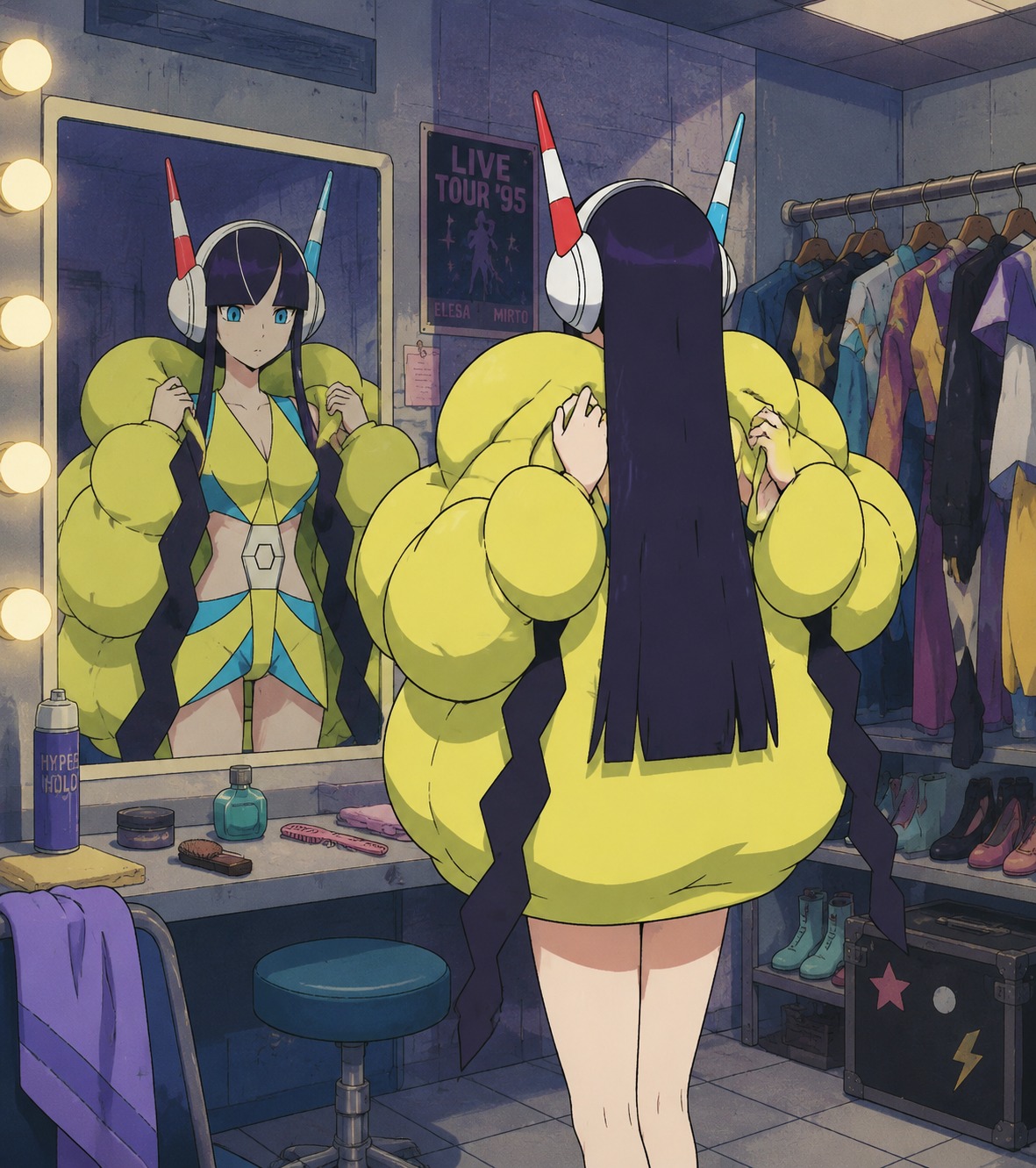 Adjusting her oversized coat while checking her reflection In a quiet backstage dressing room filled with outfits (90s retro cel-shaded aesthetic)