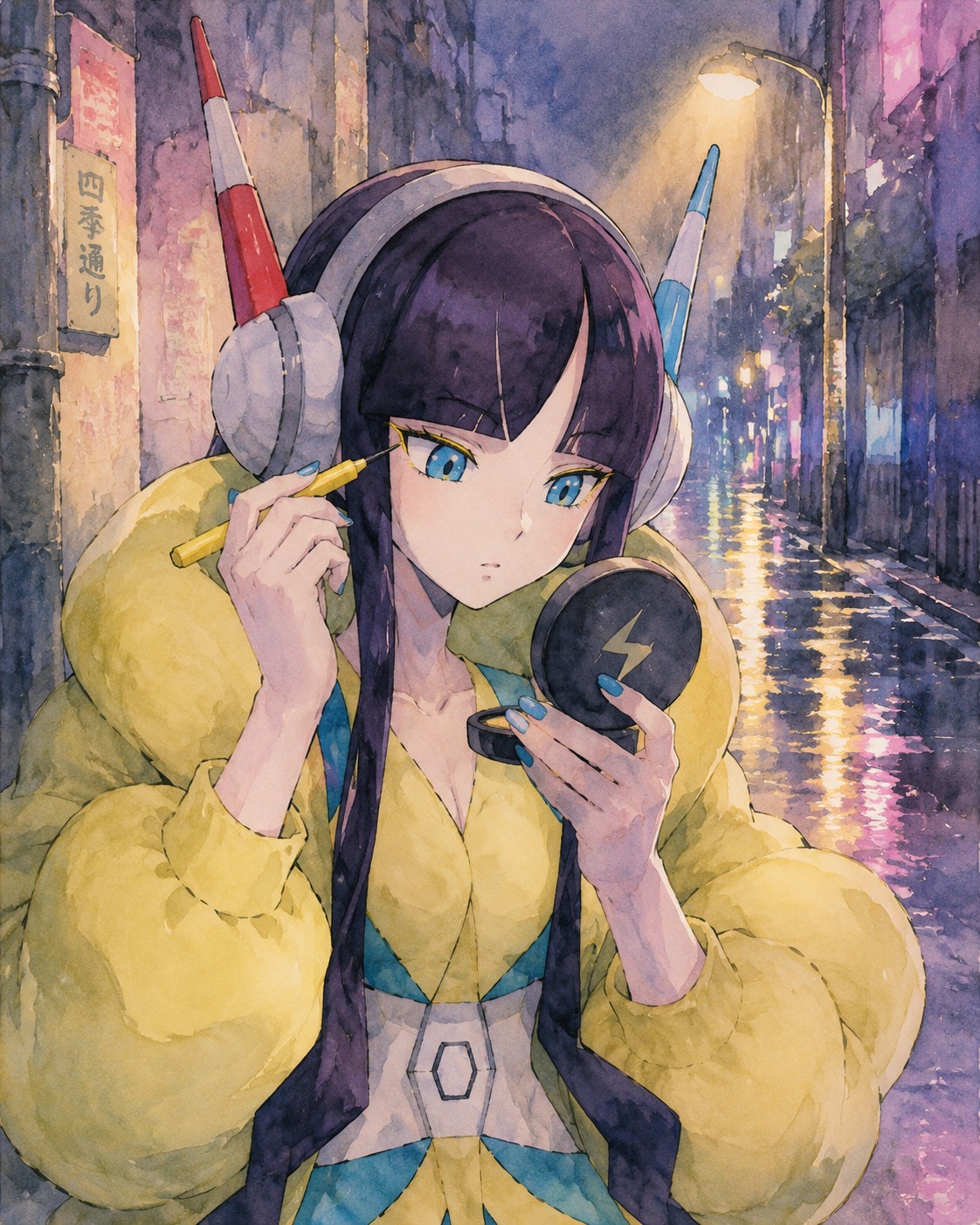 Applying vibrant yellow eyeliner in a mirror In a rain-slicked alleyway under flickering streetlights (watercolor anime, soft pastel lighting)