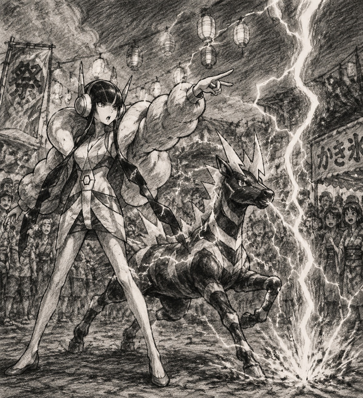 Commanding zebstrika to unleash a lightning bolt At a crowded outdoor summer festival (rough charcoal sketch, gritty textures)