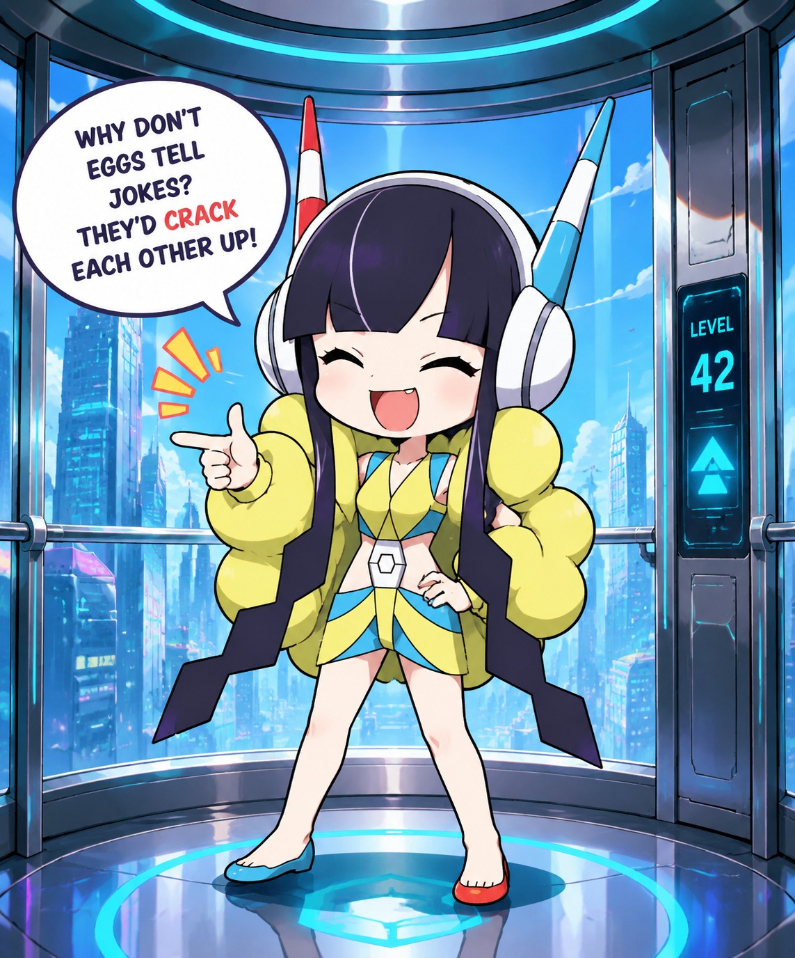 Laughing while telling a terrible dad joke In a sleek futuristic elevator with glass walls (chibi art style, bright poppy colors)