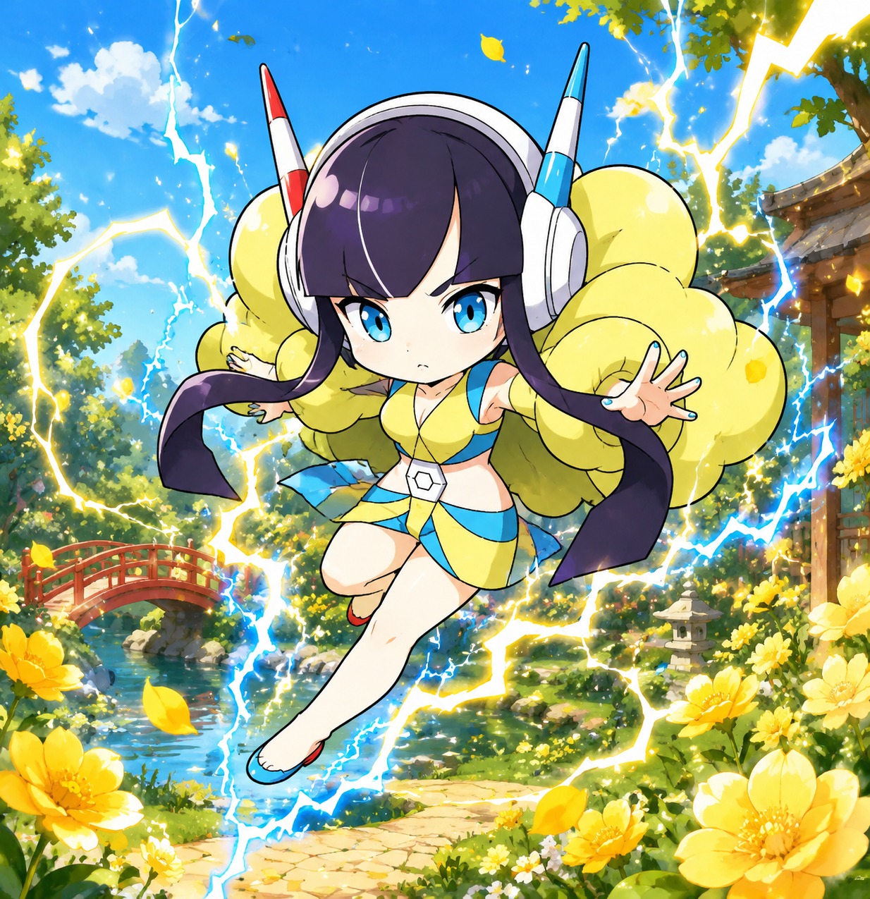 Leaping through a cascade of electric sparks In a serene garden filled with yellow flowers (chibi art style, bright poppy colors)