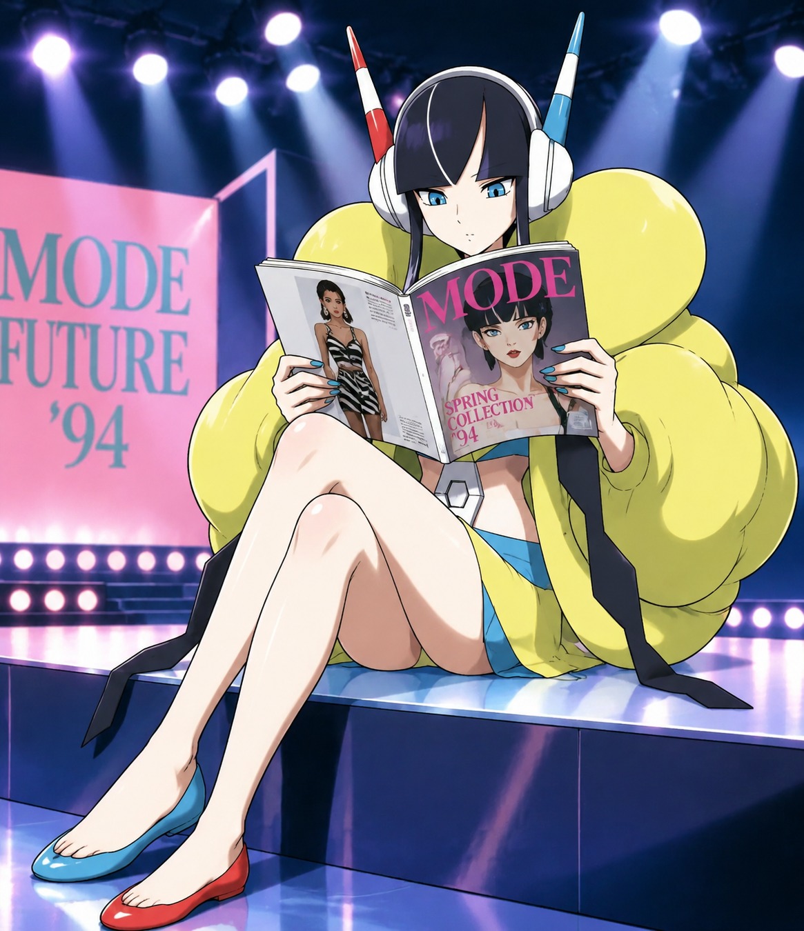 Reading a glossy high-fashion magazine On a brightly lit stage under heavy spotlights (90s retro cel-shaded aesthetic)