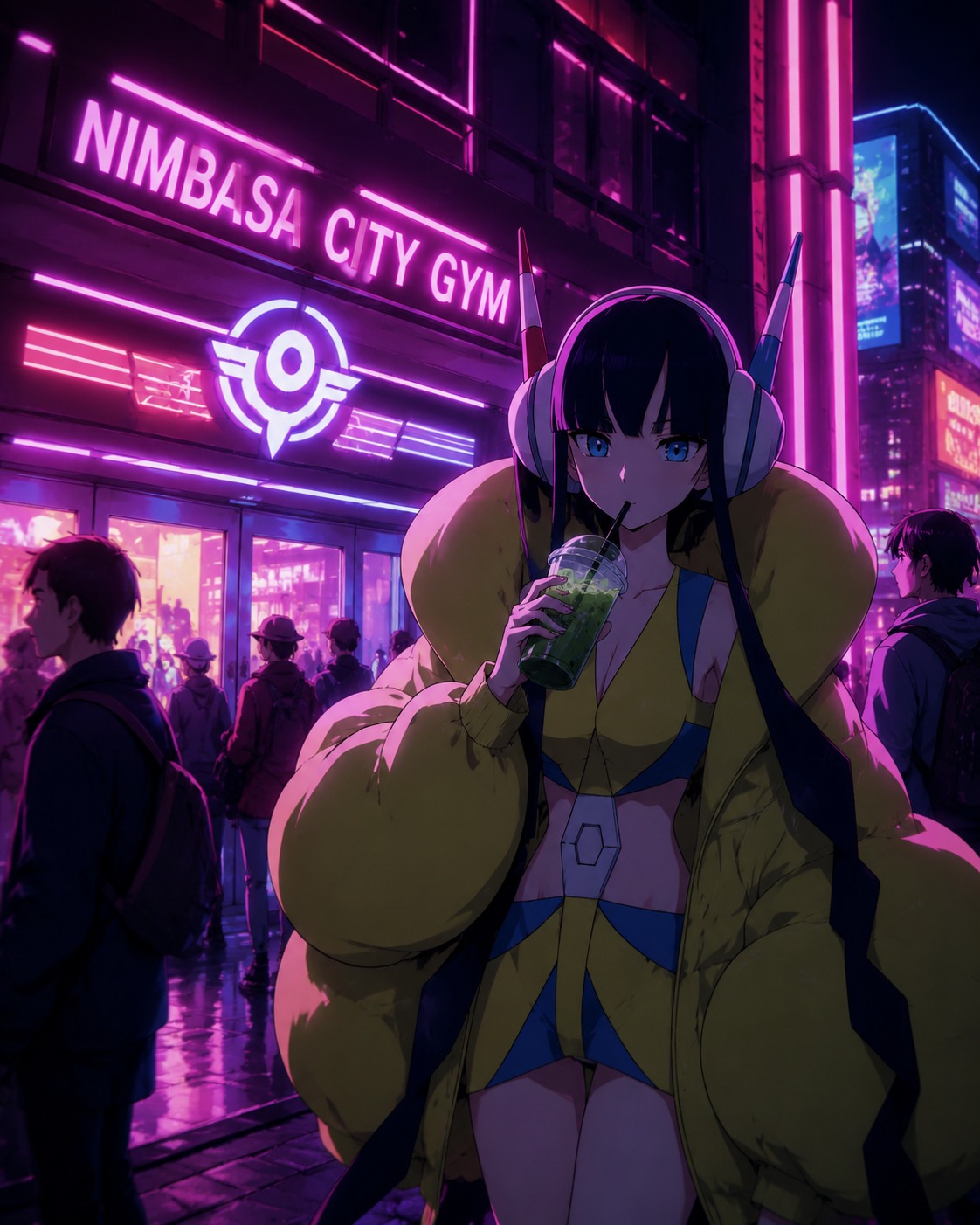 Sipping a cold matcha latte At the bustling Nimbasa City Gym entrance (cinematic synthwave, neon glow and deep shadows)