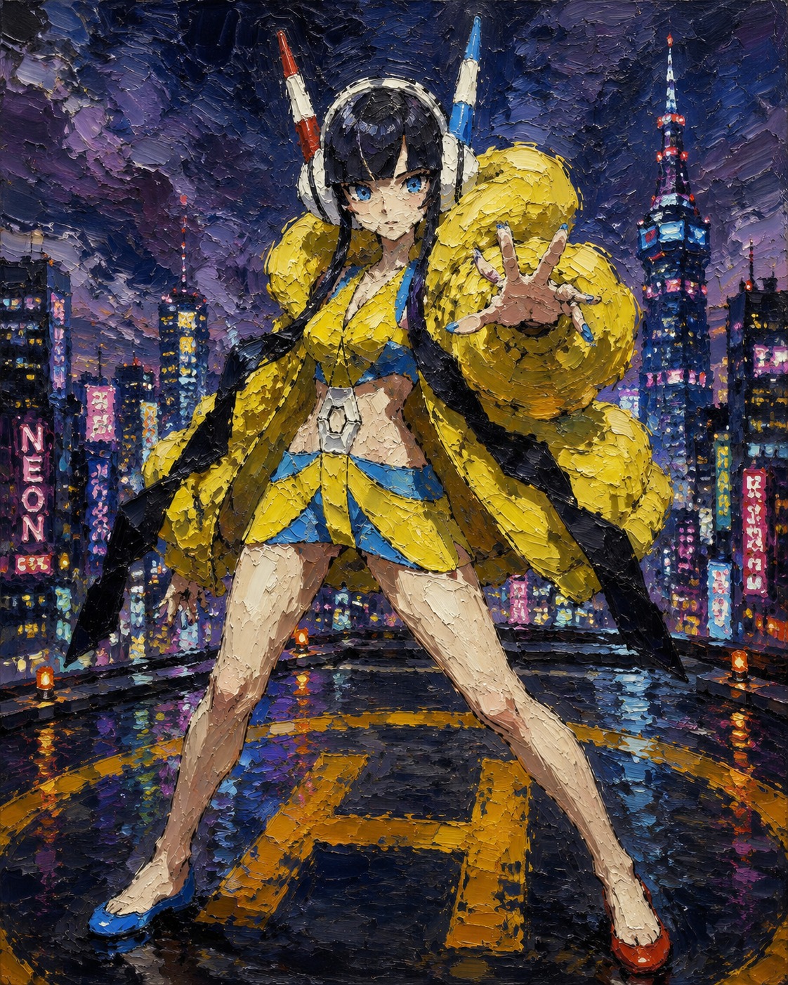 Striking a fierce pose for a camera On a rooftop helipad overlooking a neon metropolis (oil painting, heavy impasto brushstrokes)
