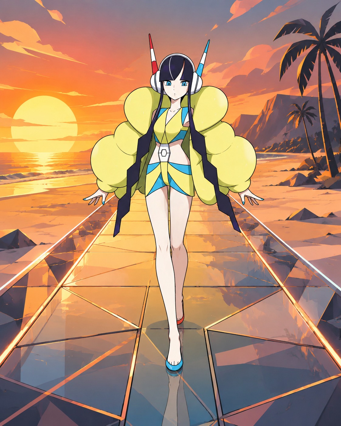 Strutting down a glass-floored runway On a deserted beach during a golden sunset (futuristic vector art, sharp geometric lines)