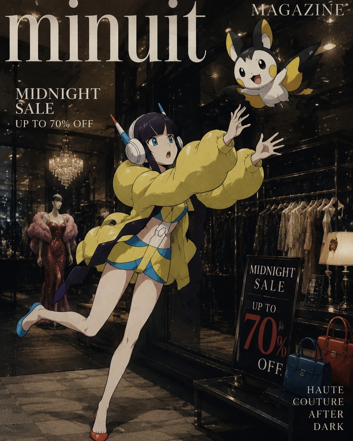 Trying to catch a floating emolga At a high-end boutique during a midnight sale (vintage fashion editorial, grainy film texture)