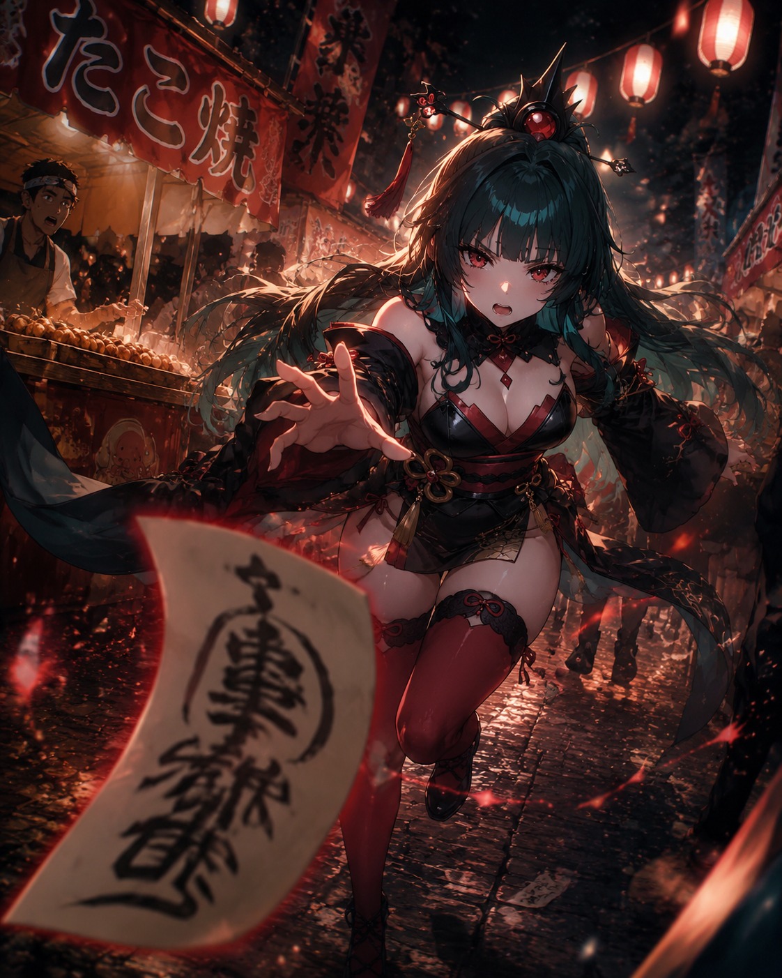 Chasing a runaway paper talisman At a bustling summer festival food stall (cinematic dark fantasy, dramatic rim lighting)