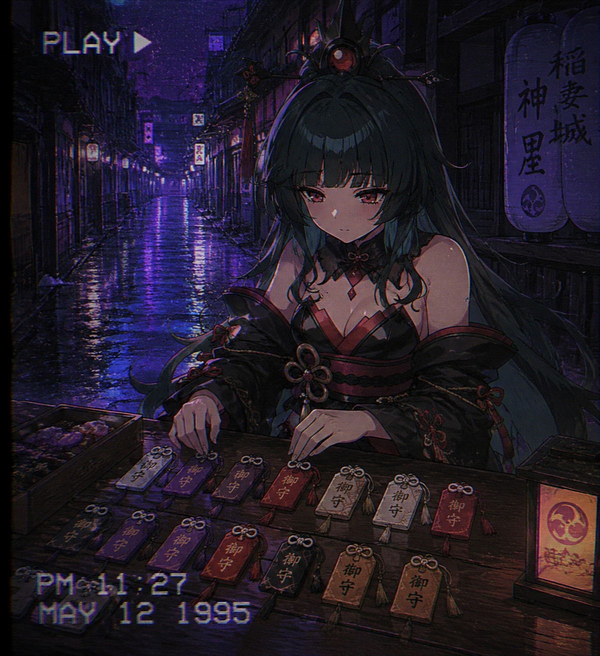 Organizing omamori charms into neat rows In a rain-slicked Inazuma City alleyway at night (retro 90s anime, lo-fi VHS texture)