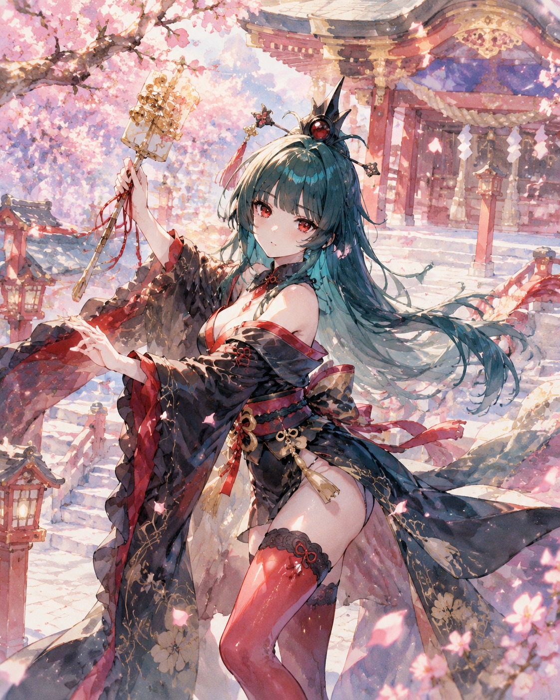 Performing a graceful kagura dance At the Grand Narukami Shrine under falling cherry blossoms (watercolor anime, soft sunlit aesthetic)