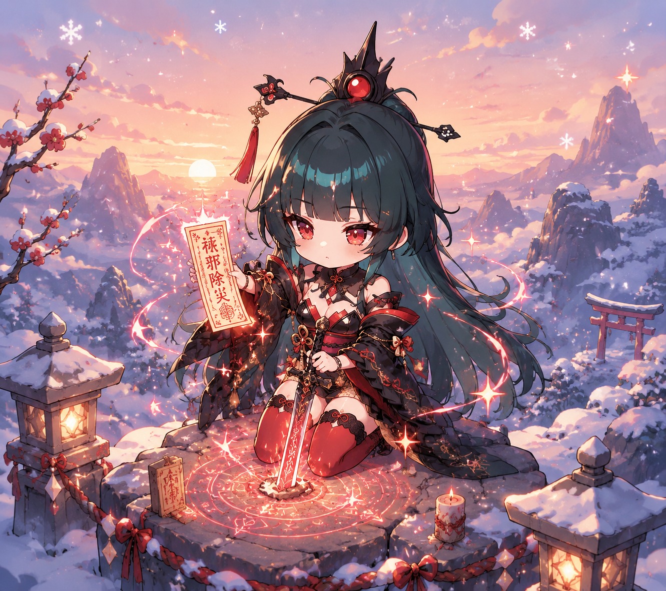 Purifying a cursed blade with a ritual charm At a snowy mountain peak during sunset (chibi cute, pastel colors and sparkles)