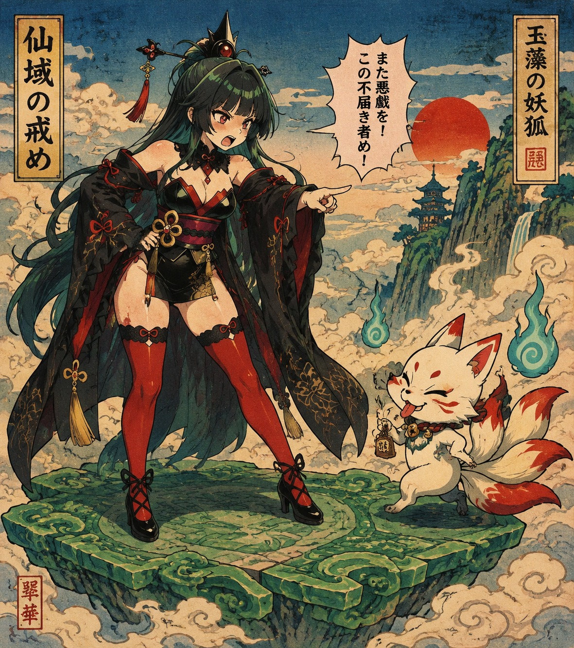 Scolding a mischievous kitsune spirit On a floating jade platform above the clouds (ukiyo-e woodblock print, vibrant ink)