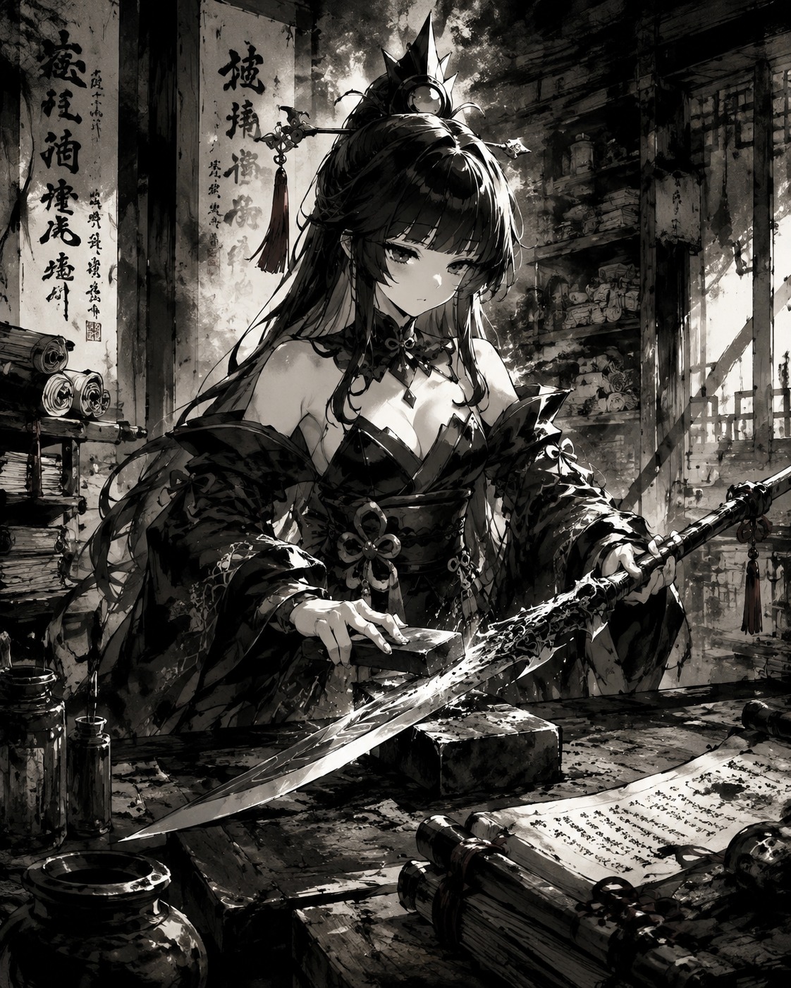 Sharpening a ceremonial polearm In a quiet library filled with ancient scrolls (gritty ink wash, high contrast brushstrokes)