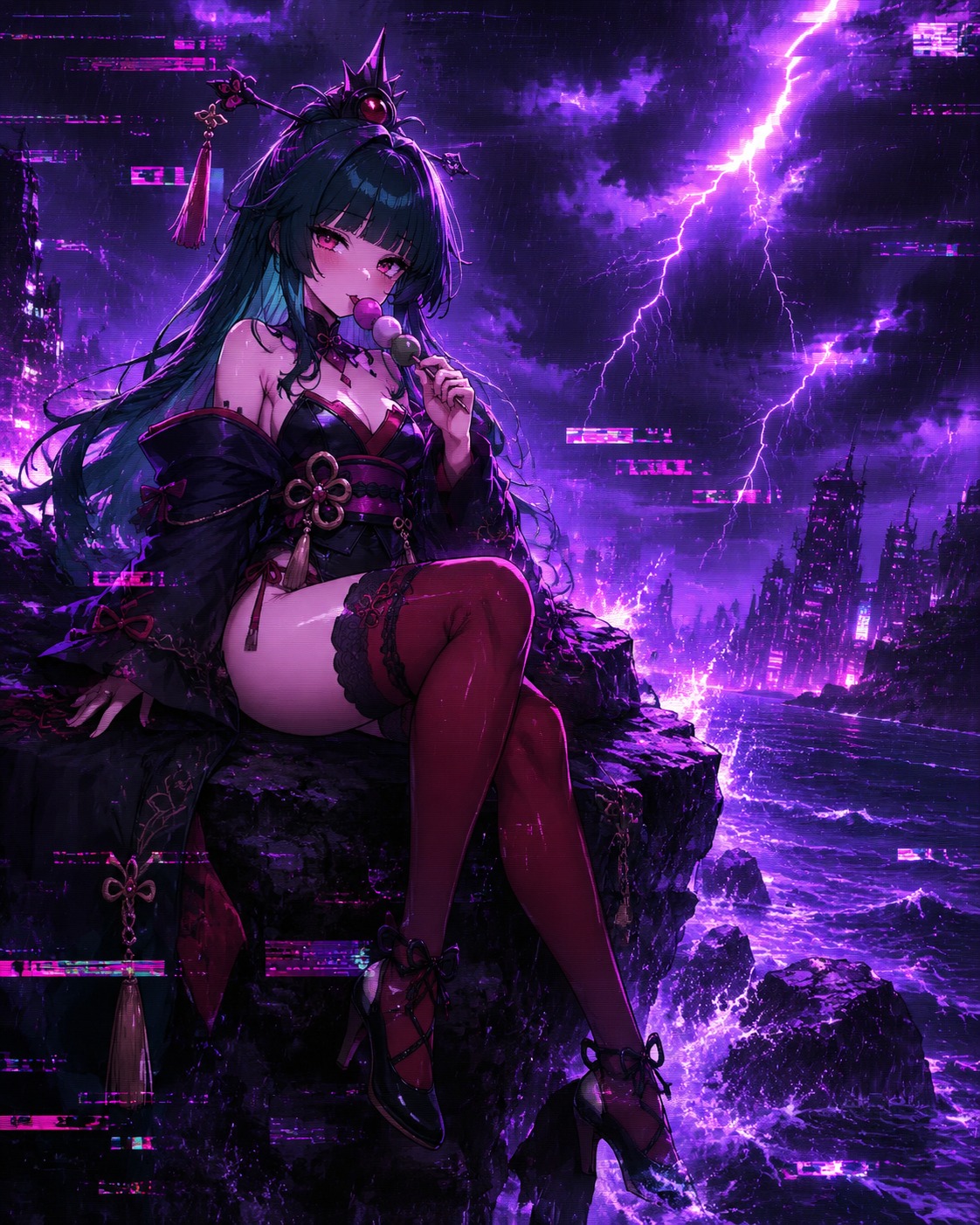 Sneakily eating a sweet dango stick On the edge of a jagged seaside cliff during a storm (cyberpunk glitch art, neon purple glow)