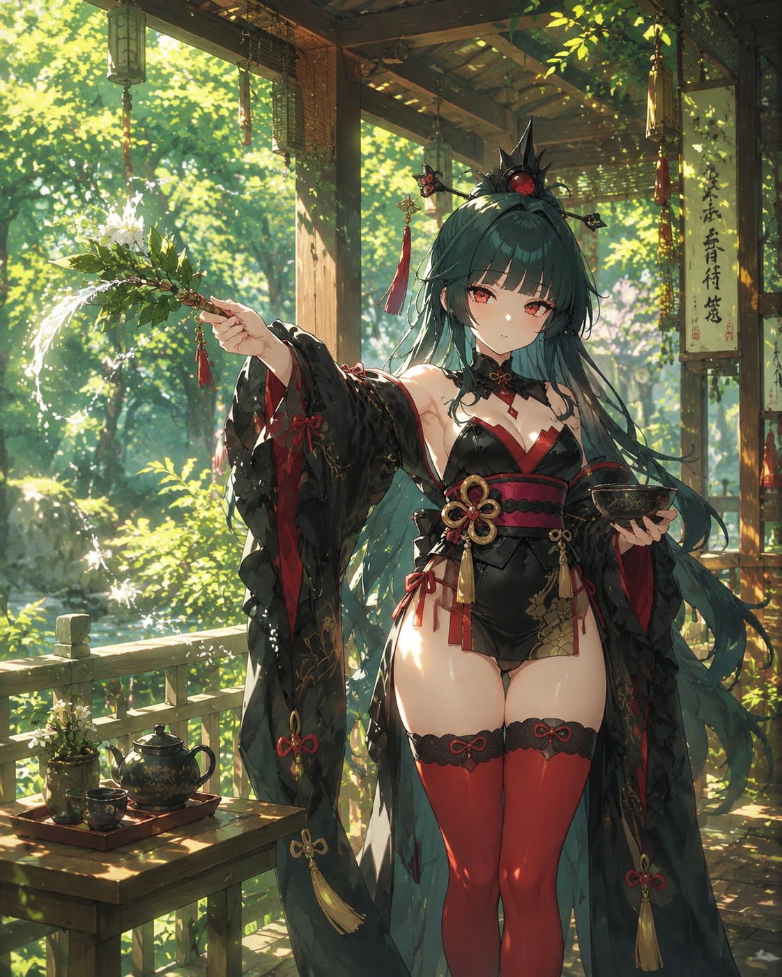 Sprinkling holy water from a sacred branch At a sun-drenched teahouse porch (ghibli inspired style, lush greens)