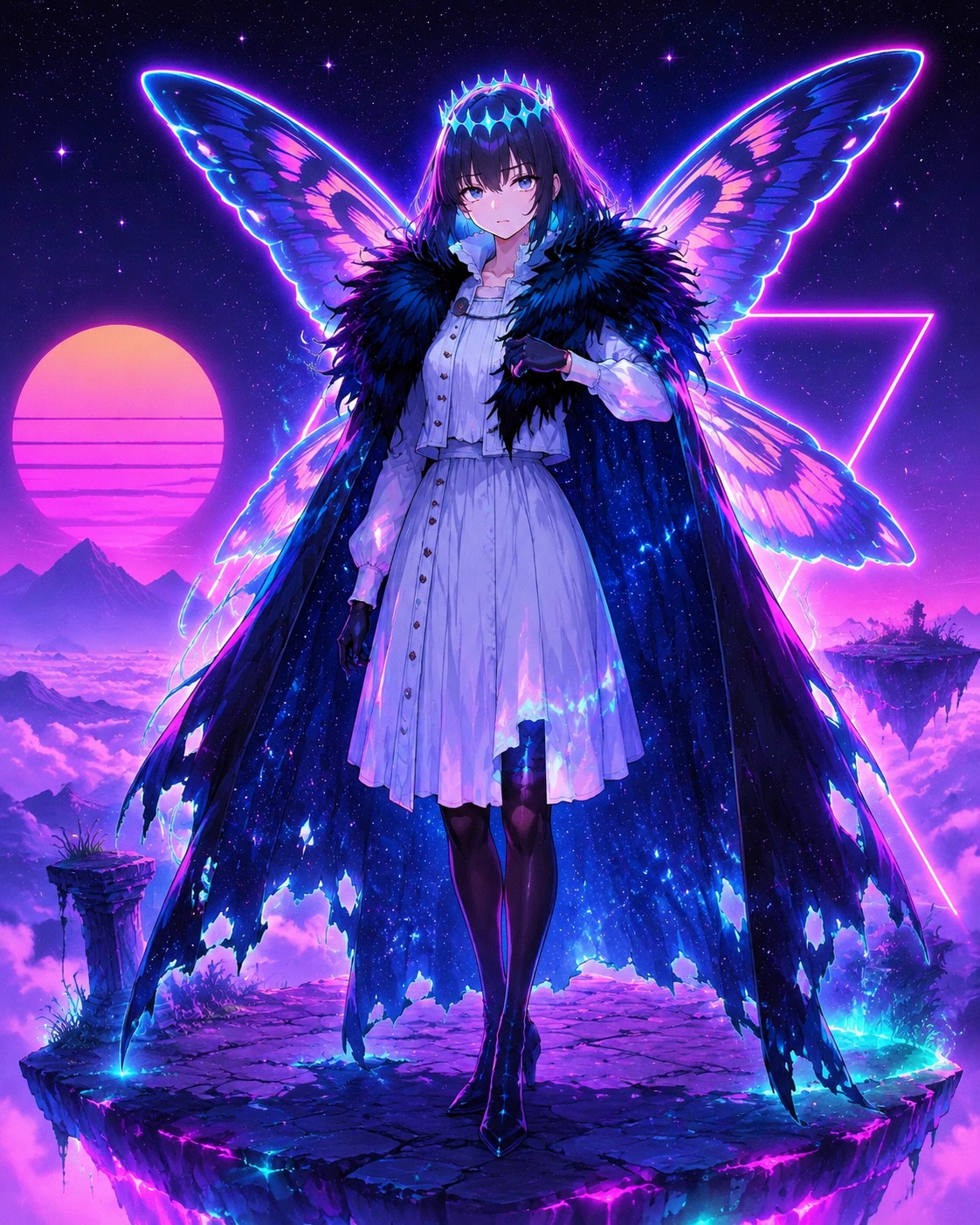 Adjusting his tattered cape On a floating island above the clouds (vaporwave aesthetic, neon glow)