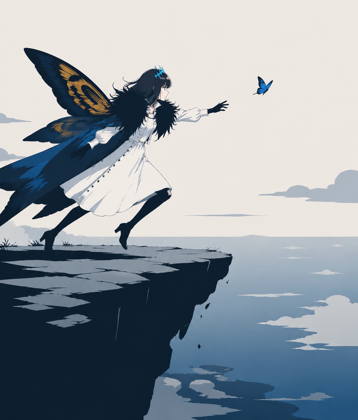 Chasing a stray blue butterfly At the edge of the world's end (minimalist vector art, flat colors)