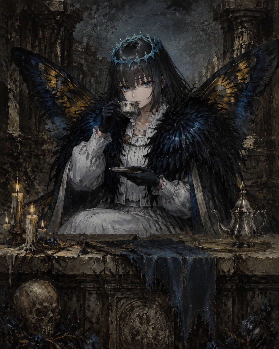 Drinking a tiny cup of tea At a crumbling stone altar (dark fantasy oil painting, gritty textures)