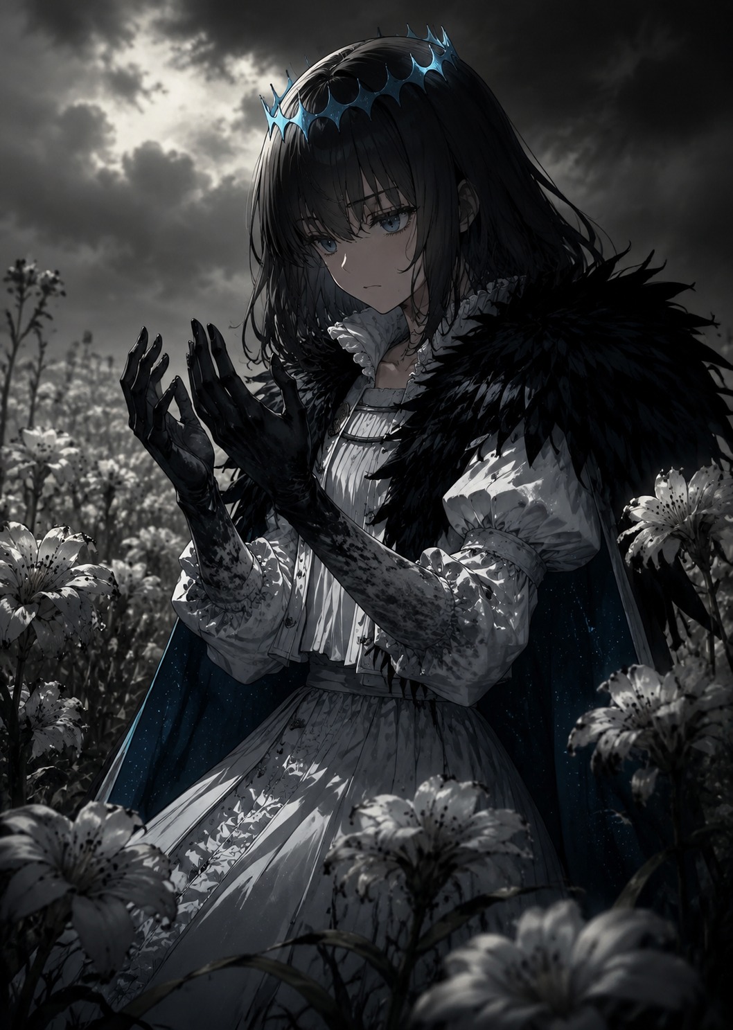 Inspecting his fading hands In a field of poisonous white flowers (cinematic noir, dramatic shadows)