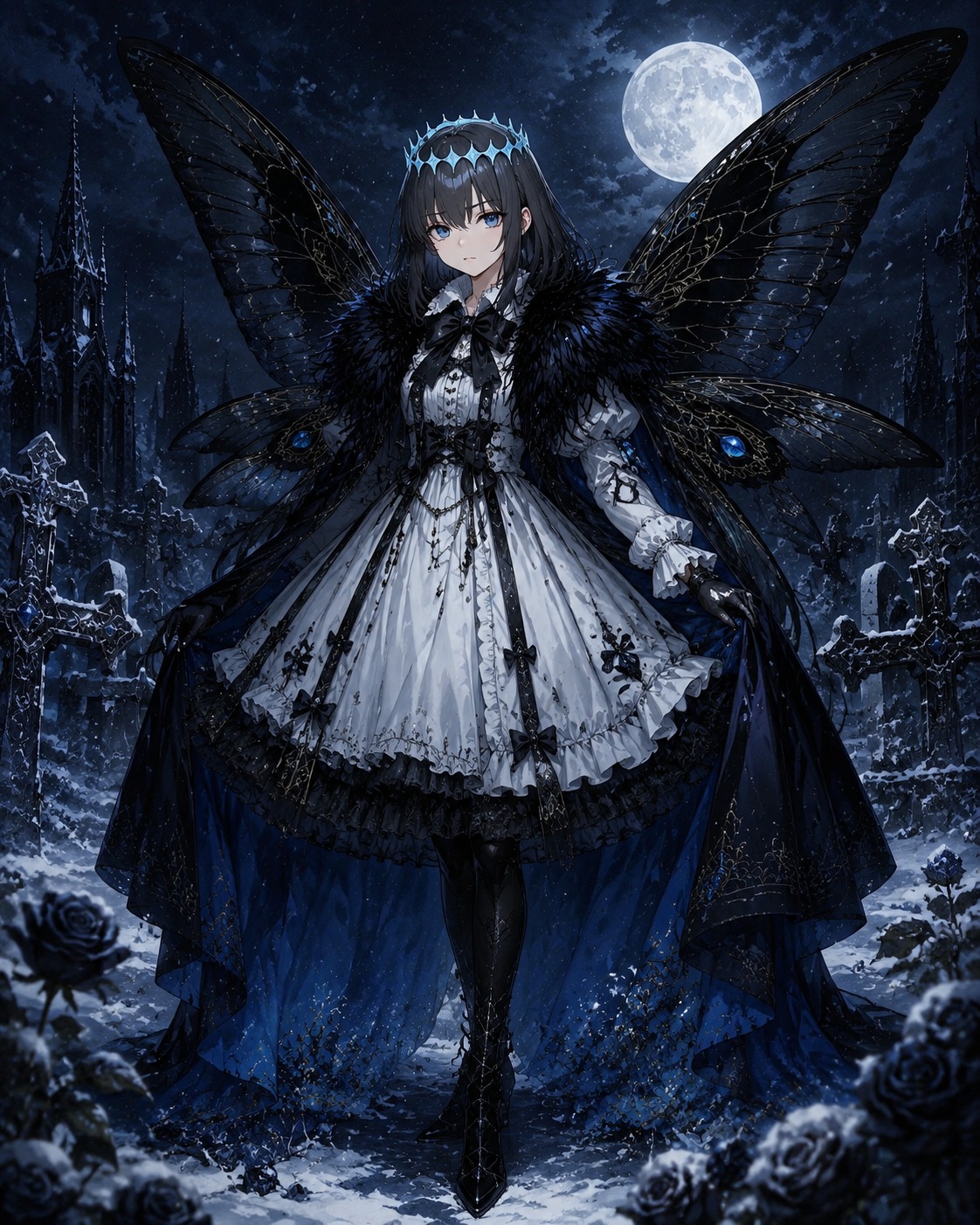 Manifesting black insect wings In a snowy graveyard at midnight (gothic lolita illustration, ornate details)