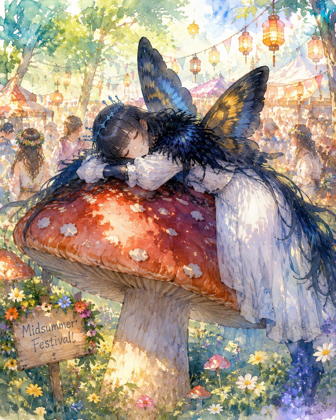 Napping atop a giant mushroom At a vibrant midsummer festival (watercolor anime, soft lighting)