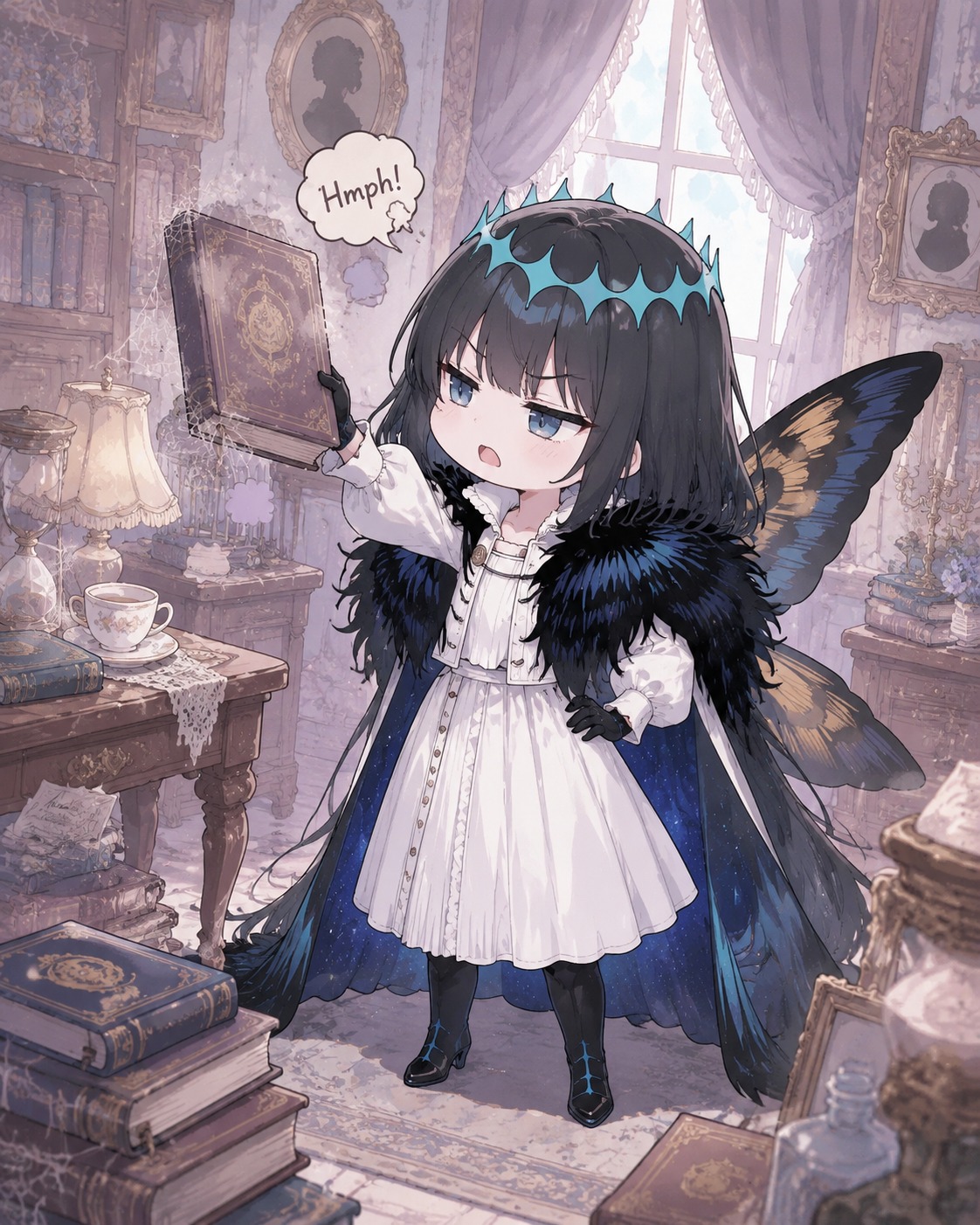 Scoffing at a dusty storybook In a cluttered Victorian study (chibi cute, pastel tones)