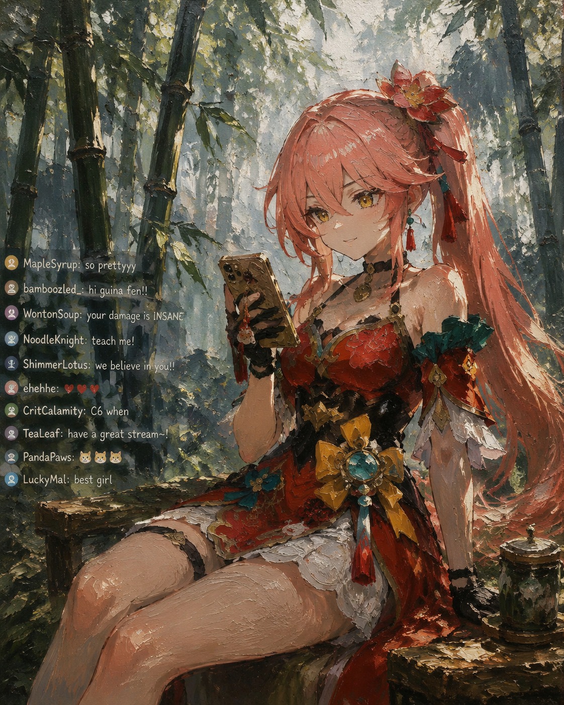 Checking her live stream comments In a lush bamboo forest with morning mist (gritty oil painting, heavy brushstrokes)