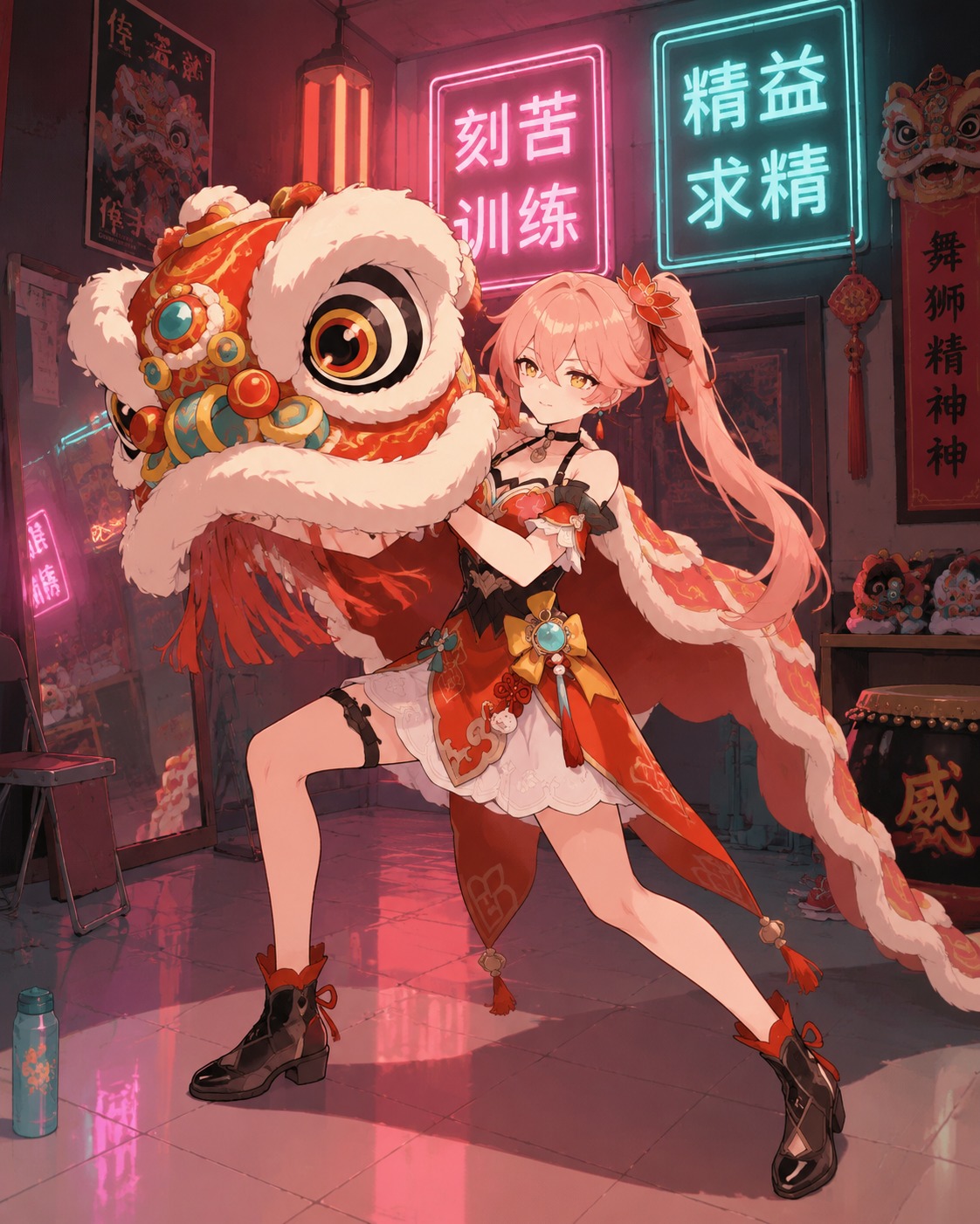 Practicing a traditional lion dance In a cramped studio filled with neon lights (clean vector art, minimalist flat colors)