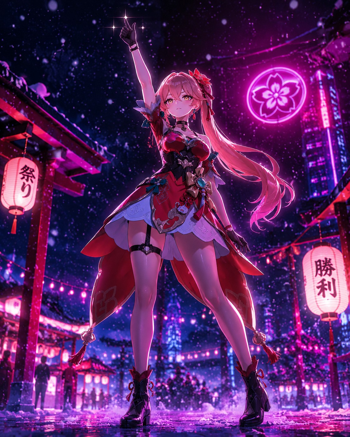 Striking a dramatic victory pose At a snowy festival with falling flakes (dark synthwave aesthetic, neon glows)