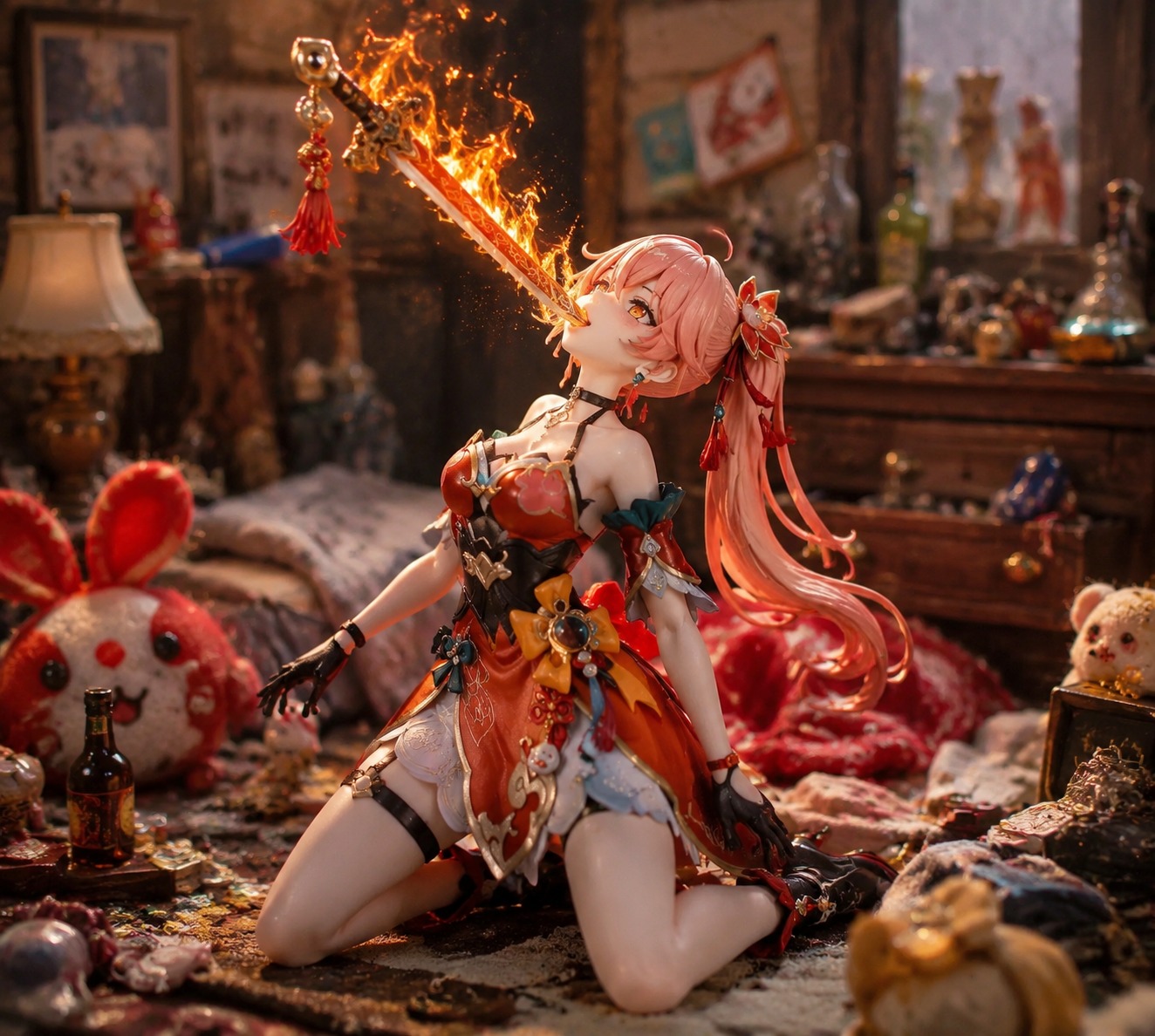 Swallowing a flaming sword In a messy bedroom strewn with props (fuzzy felted plushie, miniature macro photography)